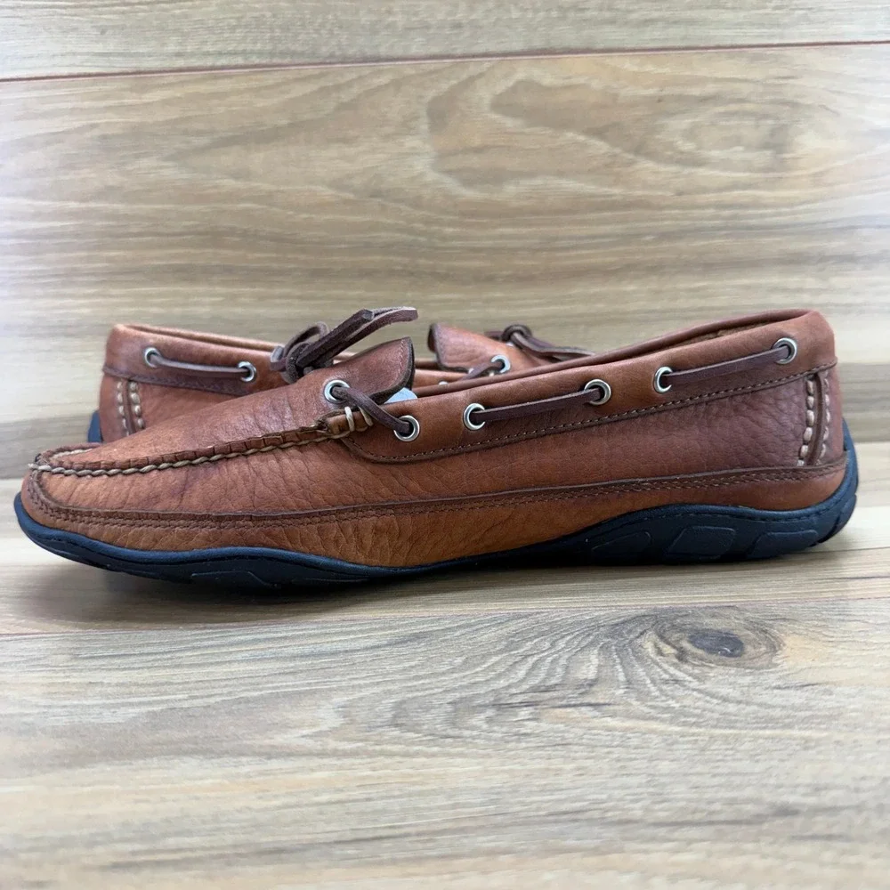 LL Bean Casco Bay Boat Shoes Mens 9.5 D Brown Tumbled Leather Moc Toe Loafers